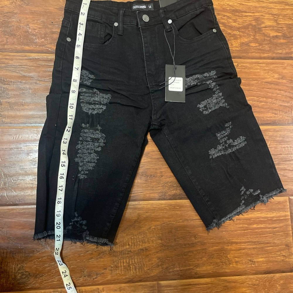 Black Jean Shorts with Heavy Distressing and Frayed Edges